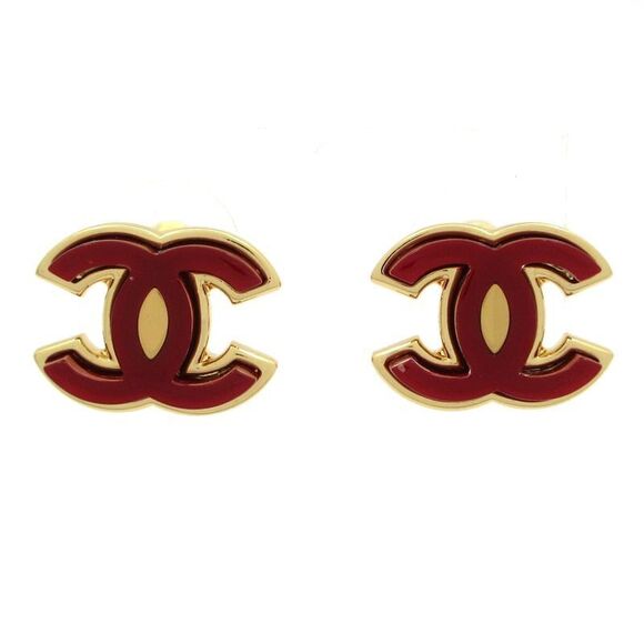 Chanel Earrings Excellent Condition Coco Mark Gold And Red